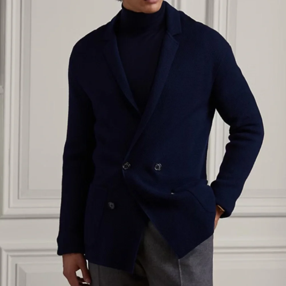 Ralph Lauren Purple Label Navy Knit Double Breasted Blazer Cardigan Size Medium
